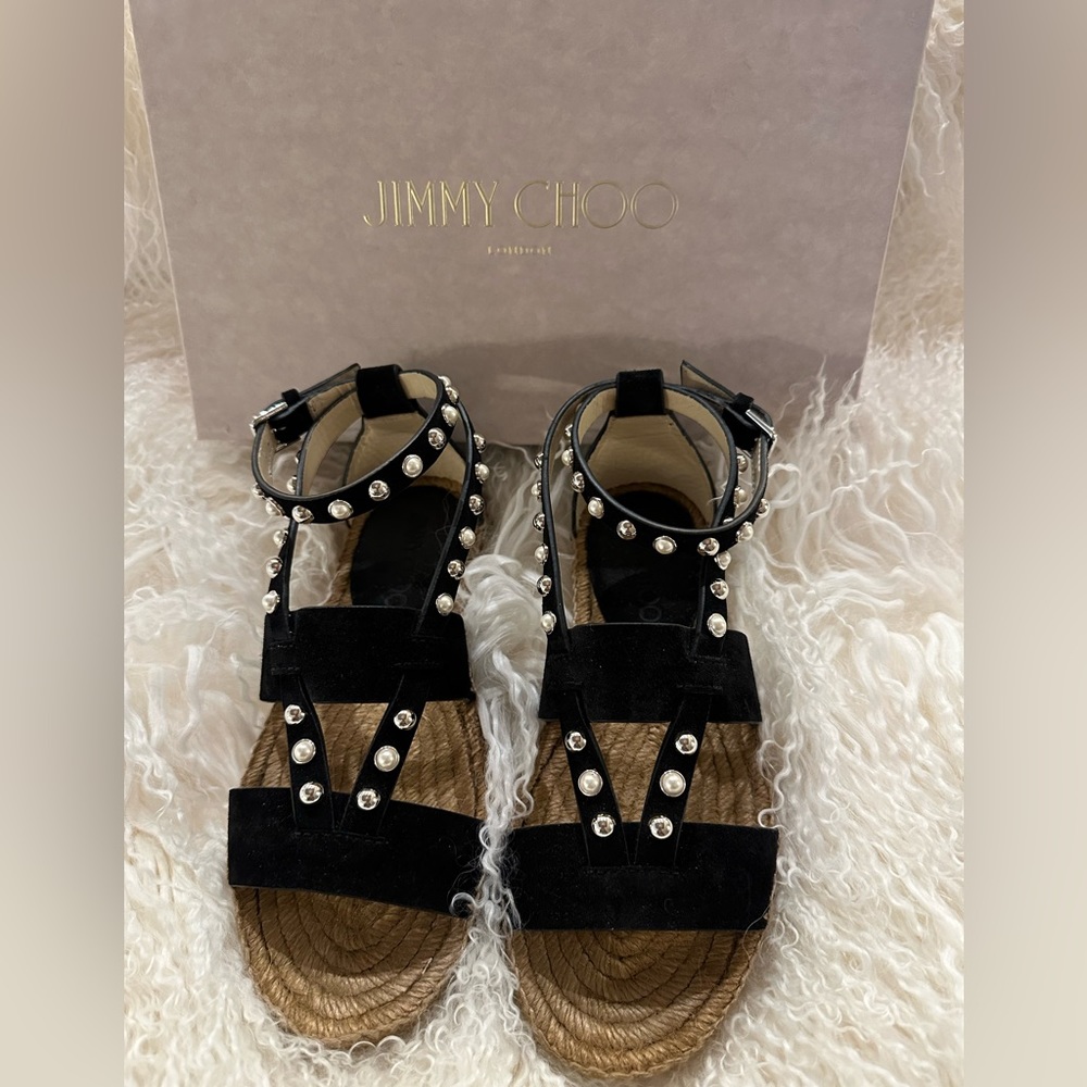 Jimmy Choo Denise sandal embellished w/ Studs & Pearls suede espadrille Sz36 1/2